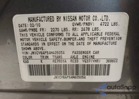 2010 Infiniti G37 z USA, uszkodzony, nr VIN JN1CV6AP5AM405054